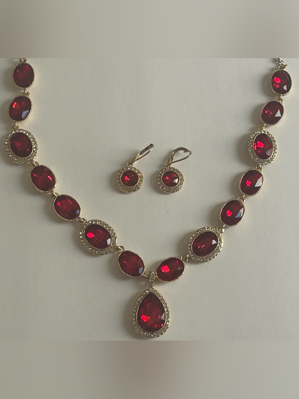 Vintage Monet Ruby Red Crystal Halo Necklace & Earring Set - Picture 2 of 15